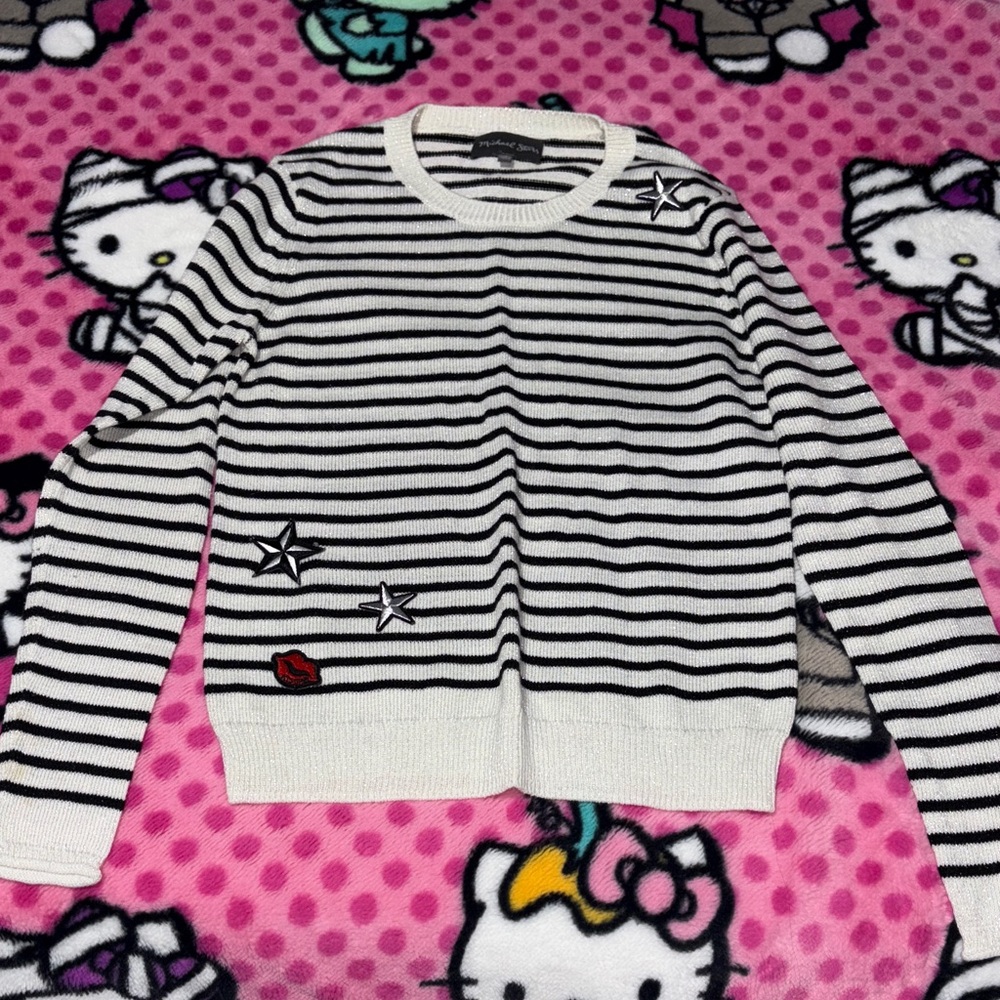 Michael Stars Black and White Striped Sweater with Star and Lip Accents